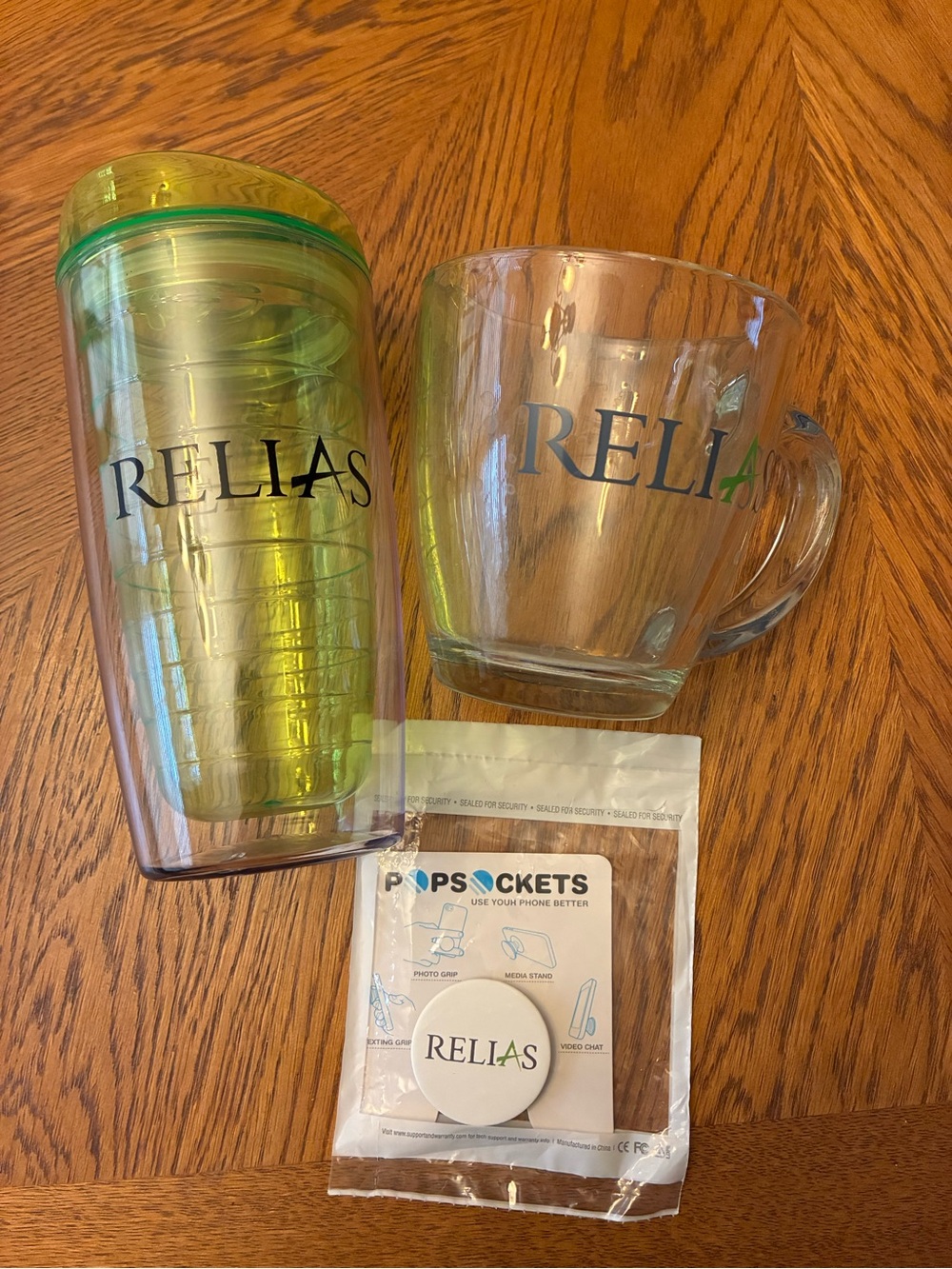 Branded Clear Glass Mug & Green Travel Tumbler with Popsocket